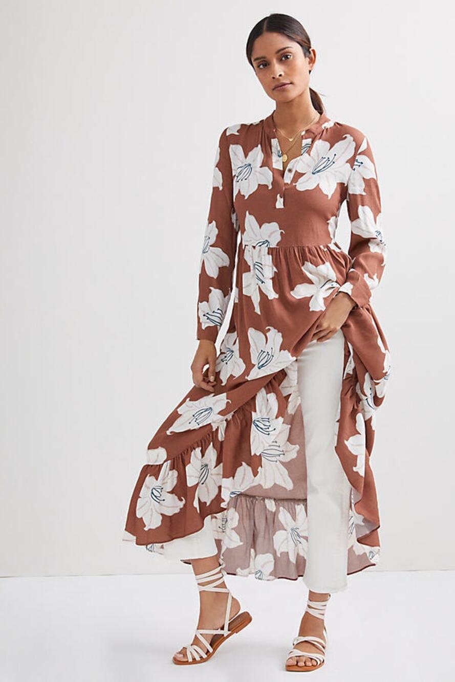 ANTHROPOLOGIE Mare Mare Lynda Maxi Dress Brown Floral Long Sleeve Boho Small